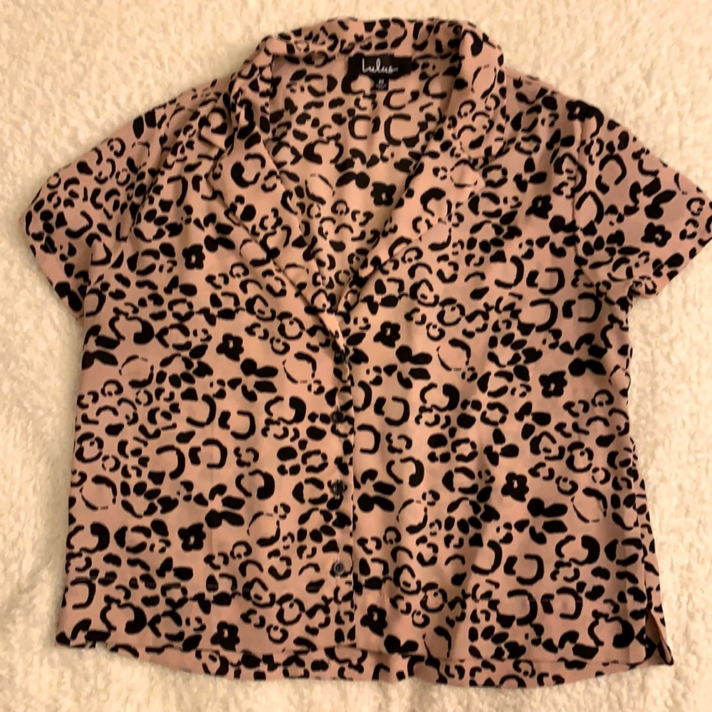 Mauve leopard print button down shirt.
